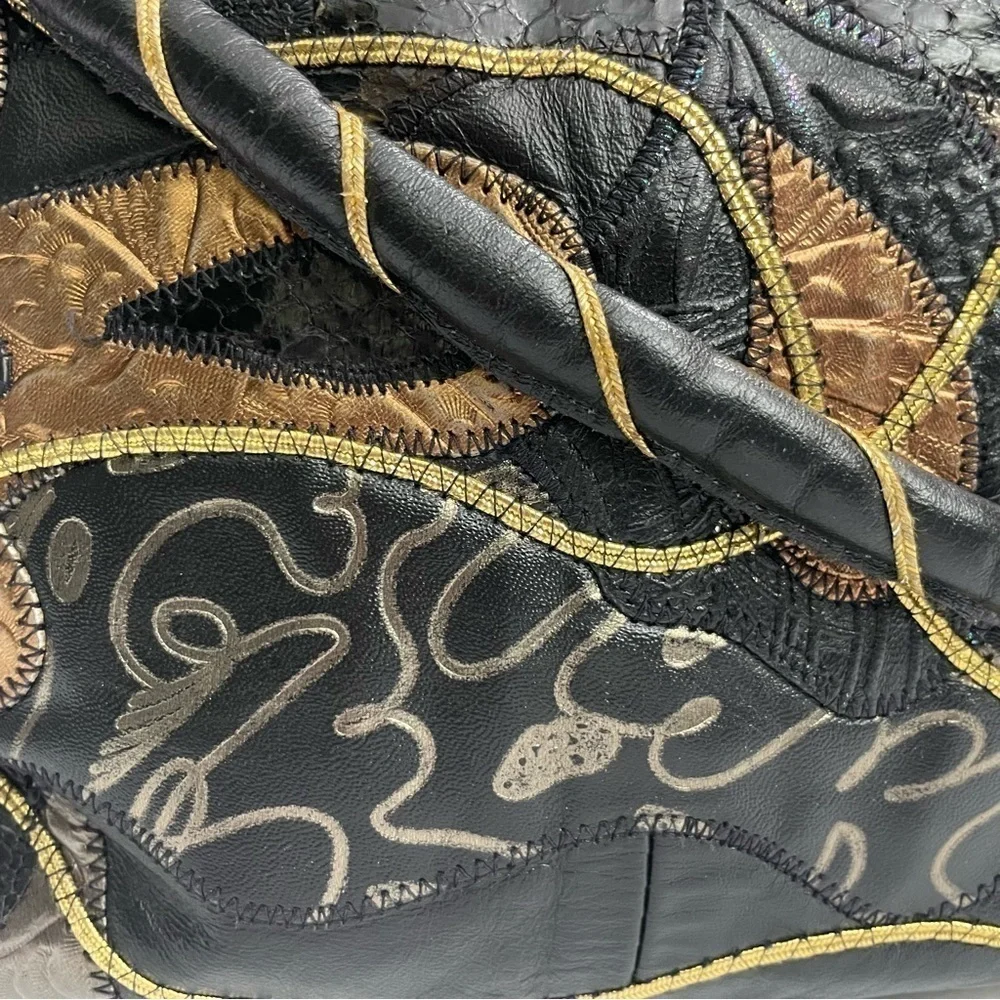 VTG Black Genuine Leather Patchwork Hobo Bag Boho Slouchy Shoulder Purse